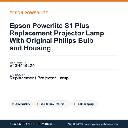 Epson Powerlite S1 Plus Replacement Projector Lamp With Original Philips Bulb and Housing — New England Supply House spec card [NESH-SPEC-CARD-V2]