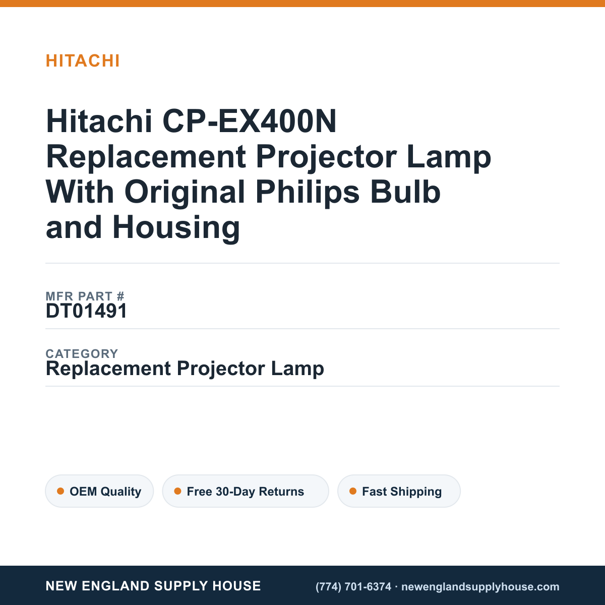 Hitachi CP-EX400N Replacement Projector Lamp With Original Philips Bulb and Housing — New England Supply House spec card [NESH-SPEC-CARD-V2]