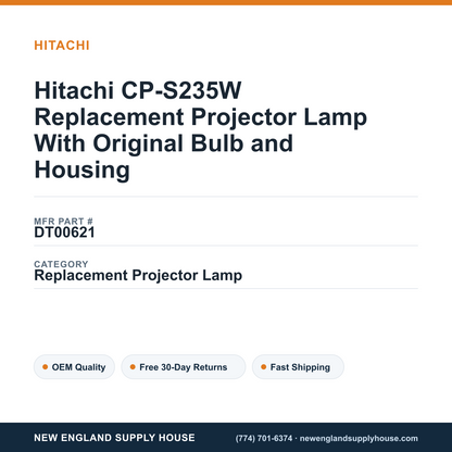 Hitachi CP-S235W Replacement Projector Lamp With Original Bulb and Housing — New England Supply House spec card [NESH-SPEC-CARD-V2]