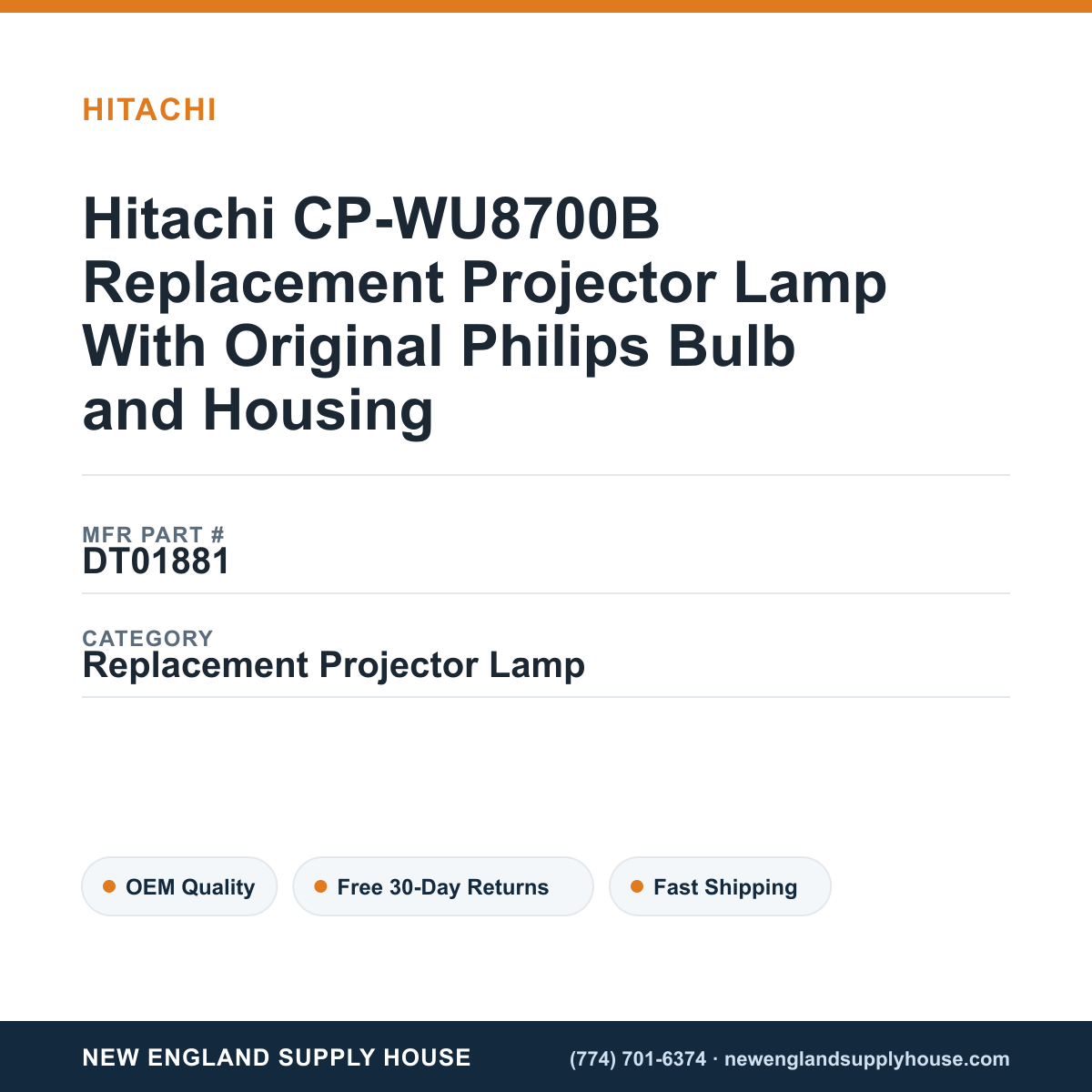 Hitachi CP-WU8700B Replacement Projector Lamp With Original Philips Bulb and Housing — New England Supply House spec card [NESH-SPEC-CARD-V2]
