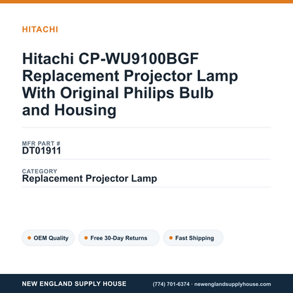 Hitachi CP-WU9100BGF Replacement Projector Lamp With Original Philips Bulb and Housing — New England Supply House spec card [NESH-SPEC-CARD-V2]