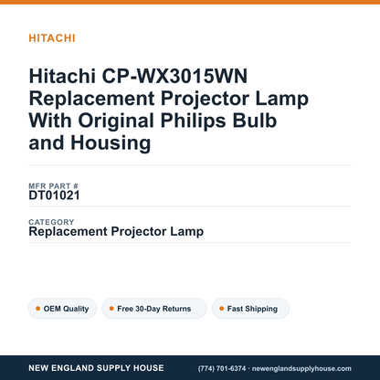 Hitachi CP-WX3015WN Replacement Projector Lamp With Original Philips Bulb and Housing — New England Supply House spec card [NESH-SPEC-CARD-V2]