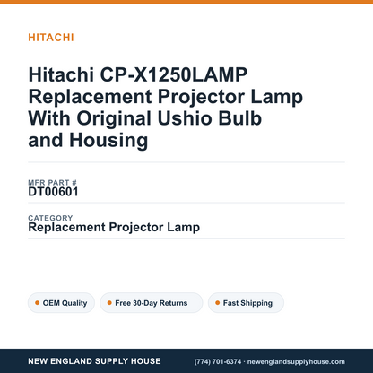 Hitachi CP-X1250LAMP Replacement Projector Lamp With Original Ushio Bulb and Housing — New England Supply House spec card [NESH-SPEC-CARD-V2]