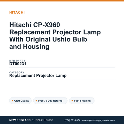 Hitachi CP-X960 Replacement Projector Lamp With Original Ushio Bulb and Housing — New England Supply House spec card [NESH-SPEC-CARD-V2]