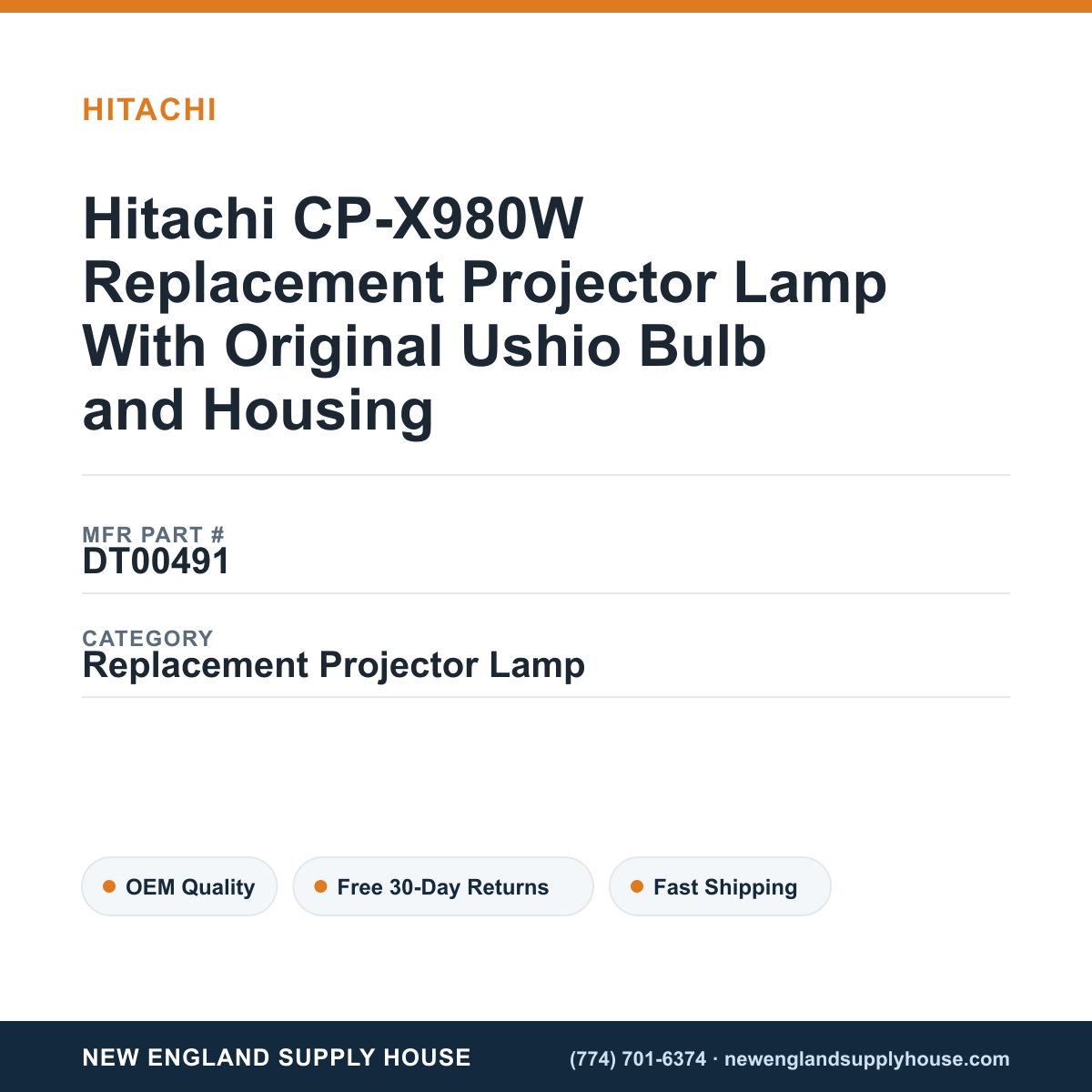 Hitachi CP-X980W Replacement Projector Lamp With Original Ushio Bulb and Housing — New England Supply House spec card [NESH-SPEC-CARD-V2]