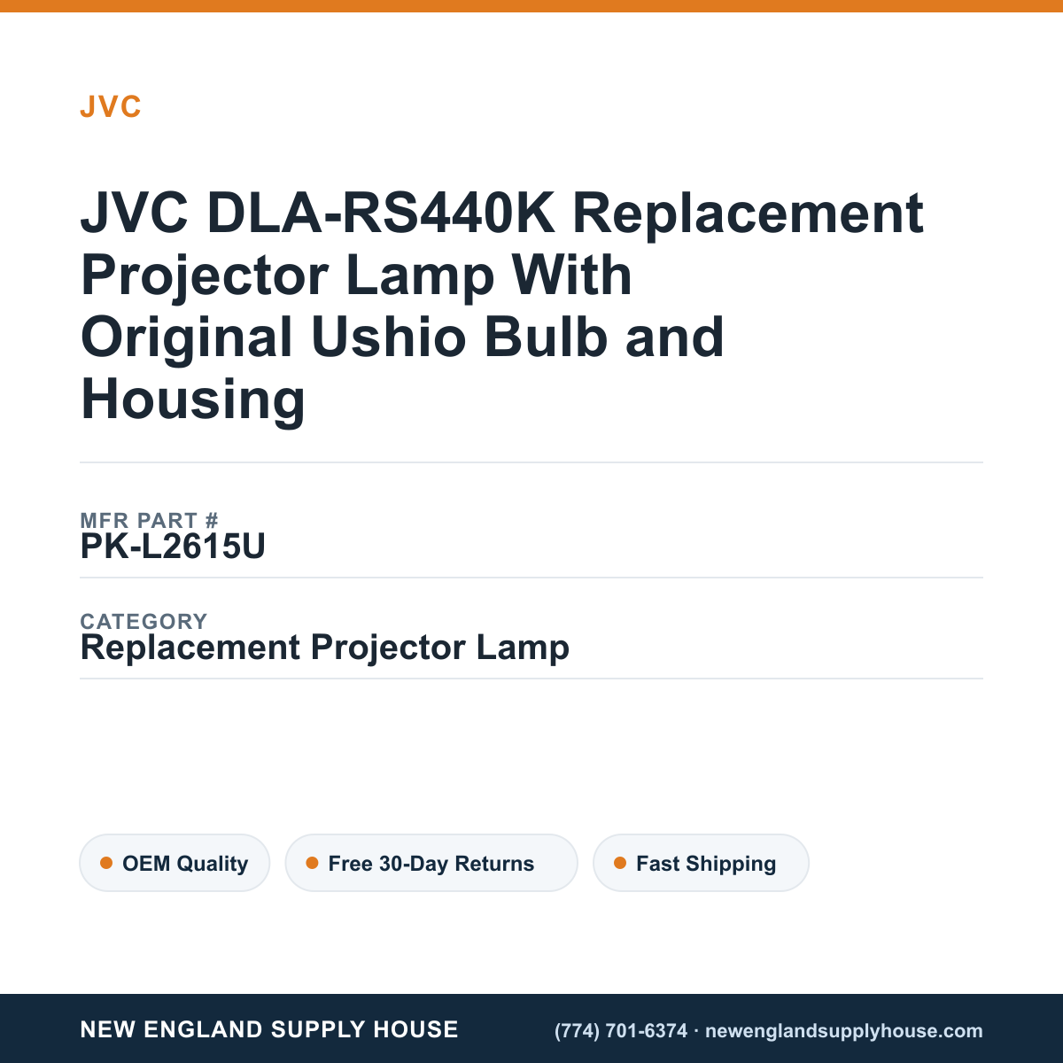 JVC DLA-RS440K Replacement Projector Lamp With Original Ushio Bulb and Housing — New England Supply House spec card [NESH-SPEC-CARD-V2]