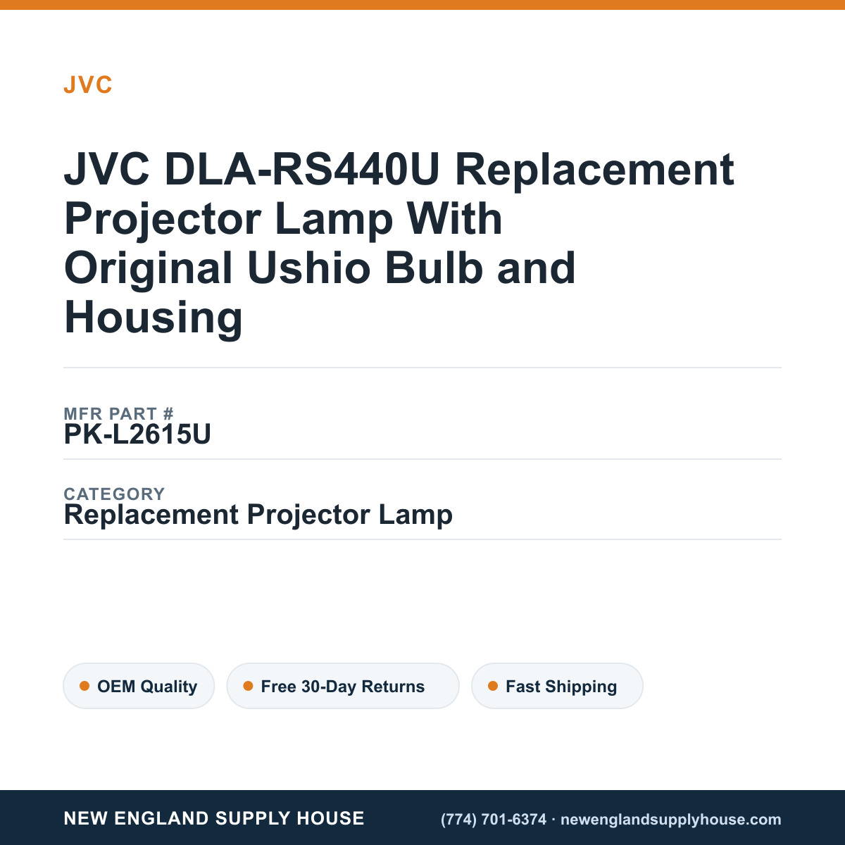 JVC DLA-RS440U Replacement Projector Lamp With Original Ushio Bulb and Housing — New England Supply House spec card [NESH-SPEC-CARD-V2]