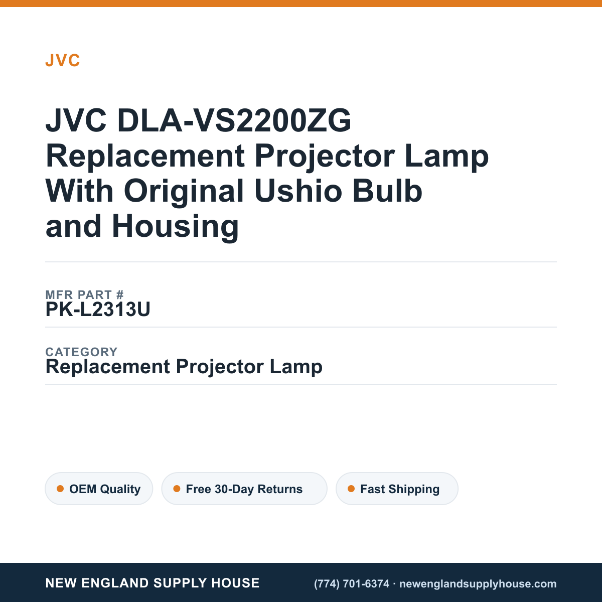 JVC DLA-VS2200ZG Replacement Projector Lamp With Original Ushio Bulb and Housing — New England Supply House spec card [NESH-SPEC-CARD-V2]