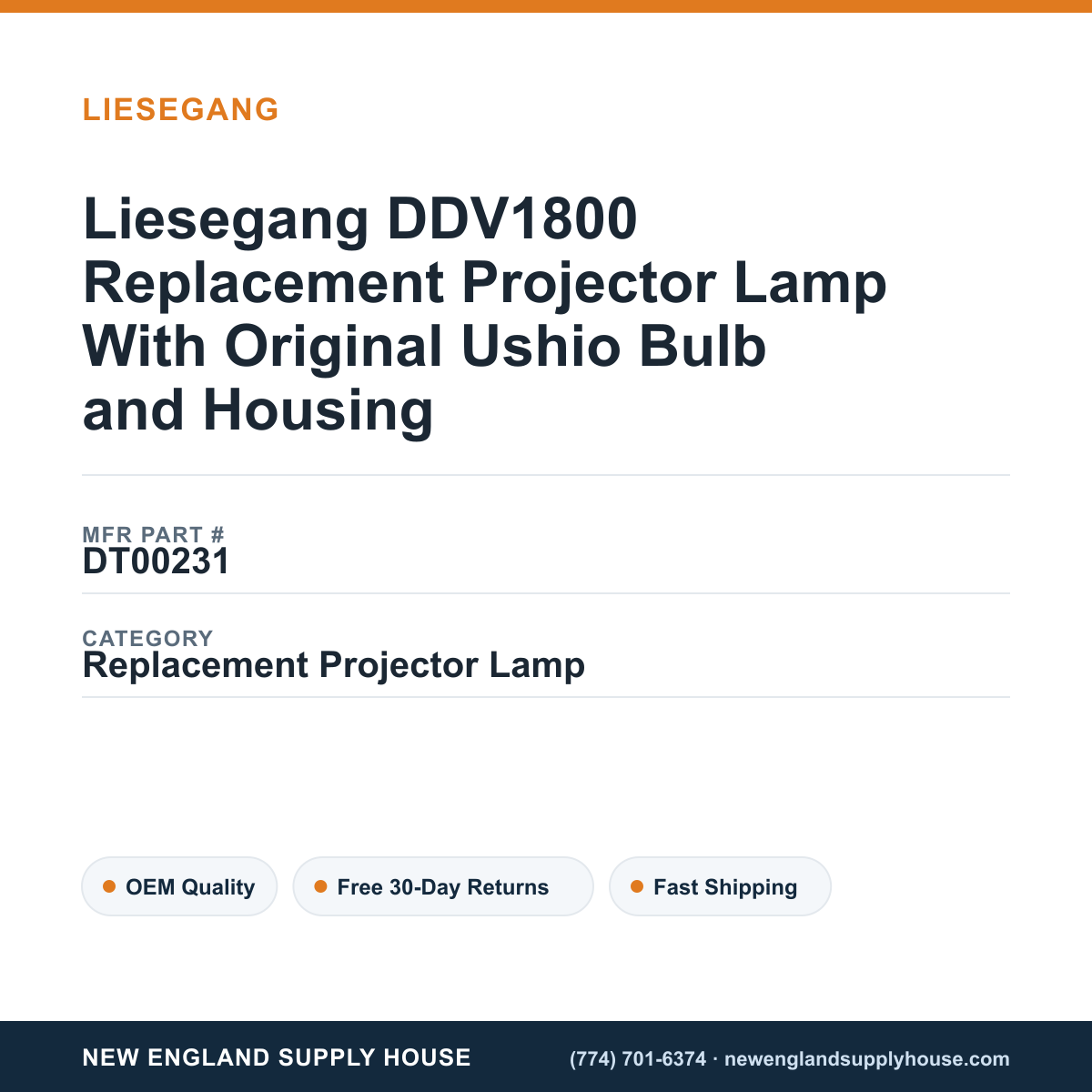 Liesegang DDV1800 Replacement Projector Lamp With Original Ushio Bulb and Housing — New England Supply House spec card [NESH-SPEC-CARD-V2]