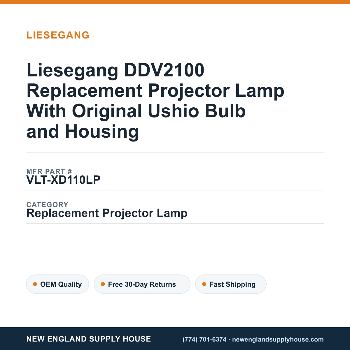 Liesegang DDV2100 Replacement Projector Lamp With Original Ushio Bulb and Housing — New England Supply House spec card [NESH-SPEC-CARD-V2]