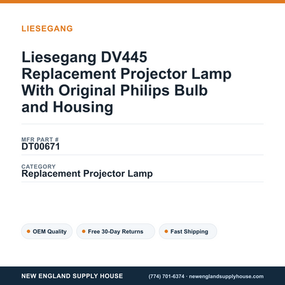 Liesegang DV445 Replacement Projector Lamp With Original Philips Bulb and Housing — New England Supply House spec card [NESH-SPEC-CARD-V2]