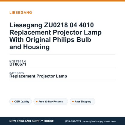 Liesegang ZU0218 04 4010 Replacement Projector Lamp With Original Philips Bulb and Housing — New England Supply House spec card [NESH-SPEC-CARD-V2]