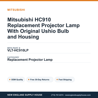 Mitsubishi HC910 Replacement Projector Lamp With Original Ushio Bulb and Housing — New England Supply House spec card [NESH-SPEC-CARD-V2]