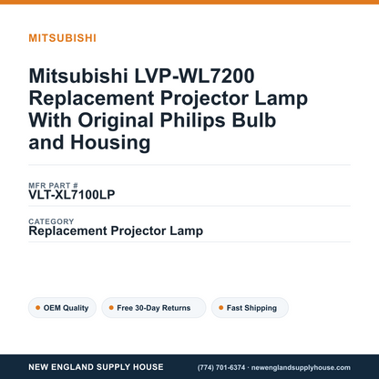 Mitsubishi LVP-WL7200 Replacement Projector Lamp With Original Philips Bulb and Housing — New England Supply House spec card [NESH-SPEC-CARD-V2]