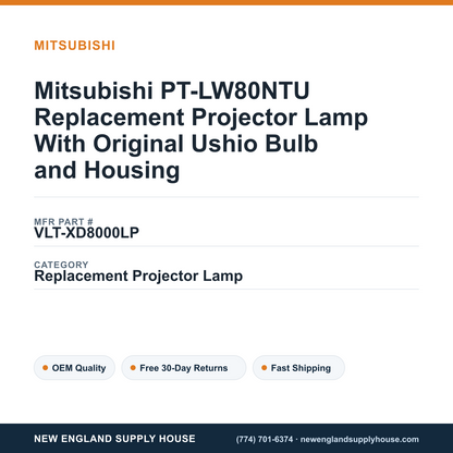 Mitsubishi PT-LW80NTU Replacement Projector Lamp With Original Ushio Bulb and Housing — New England Supply House spec card [NESH-SPEC-CARD-V2]