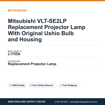 Mitsubishi VLT-SE2LP Replacement Projector Lamp With Original Ushio Bulb and Housing — New England Supply House spec card [NESH-SPEC-CARD-V2]