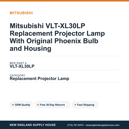 Mitsubishi VLT-XL30LP Replacement Projector Lamp With Original Phoenix Bulb and Housing — New England Supply House spec card [NESH-SPEC-CARD-V2]