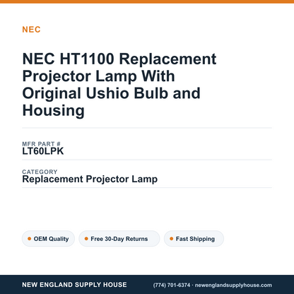 NEC HT1100 Replacement Projector Lamp With Original Ushio Bulb and Housing — New England Supply House spec card [NESH-SPEC-CARD-V2]