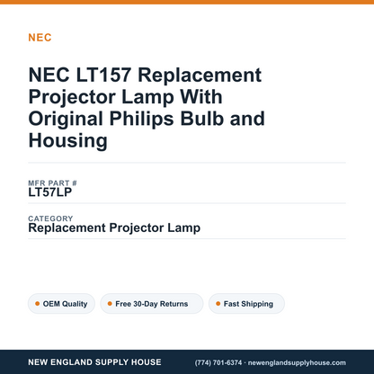 NEC LT157 Replacement Projector Lamp With Original Philips Bulb and Housing — New England Supply House spec card [NESH-SPEC-CARD-V2]