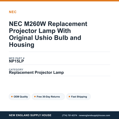 NEC M260W Replacement Projector Lamp With Original Ushio Bulb and Housing — New England Supply House spec card [NESH-SPEC-CARD-V2]