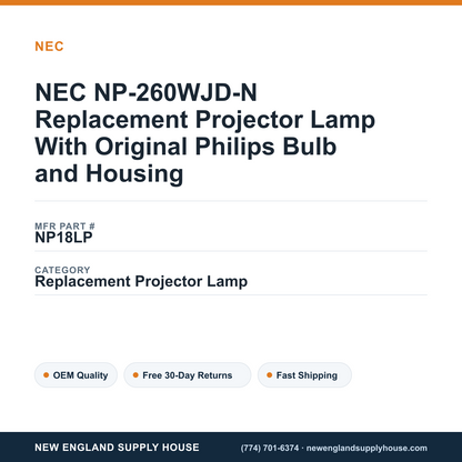 NEC NP-260WJD-N Replacement Projector Lamp With Original Philips Bulb and Housing — New England Supply House spec card [NESH-SPEC-CARD-V2]