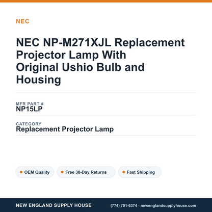 NEC NP-M271XJL Replacement Projector Lamp With Original Ushio Bulb and Housing — New England Supply House spec card [NESH-SPEC-CARD-V2]