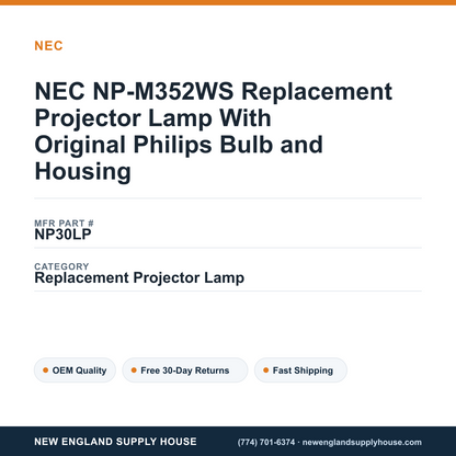NEC NP-M352WS Replacement Projector Lamp With Original Philips Bulb and Housing — New England Supply House spec card [NESH-SPEC-CARD-V2]