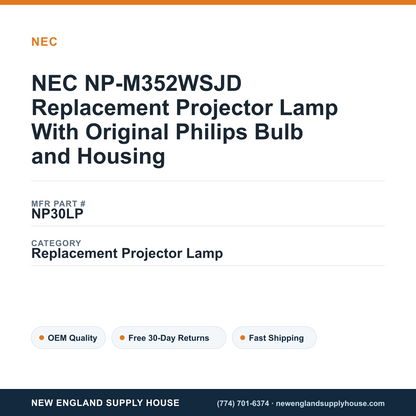 NEC NP-M352WSJD Replacement Projector Lamp With Original Philips Bulb and Housing — New England Supply House spec card [NESH-SPEC-CARD-V2]