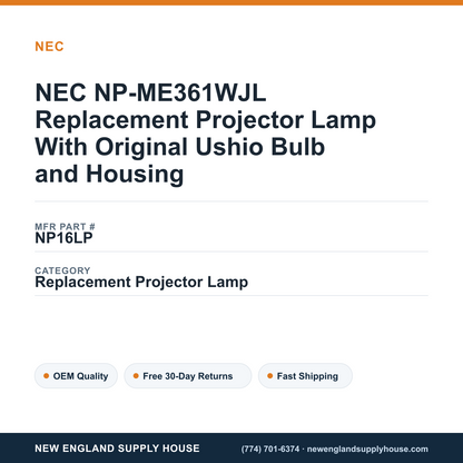NEC NP-ME361WJL Replacement Projector Lamp With Original Ushio Bulb and Housing — New England Supply House spec card [NESH-SPEC-CARD-V2]