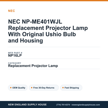 NEC NP-ME401WJL Replacement Projector Lamp With Original Ushio Bulb and Housing — New England Supply House spec card [NESH-SPEC-CARD-V2]