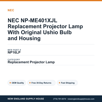 NEC NP-ME401XJL Replacement Projector Lamp With Original Ushio Bulb and Housing — New England Supply House spec card [NESH-SPEC-CARD-V2]