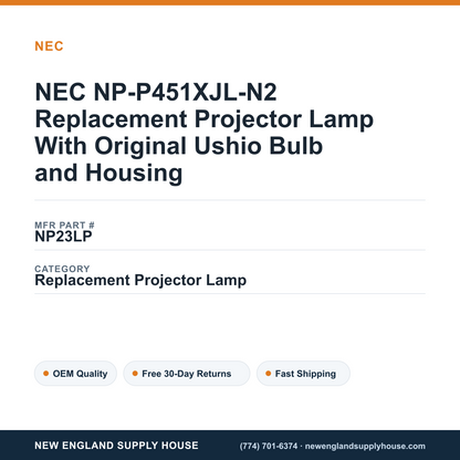 NEC NP-P451XJL-N2 Replacement Projector Lamp With Original Ushio Bulb and Housing — New England Supply House spec card [NESH-SPEC-CARD-V2]