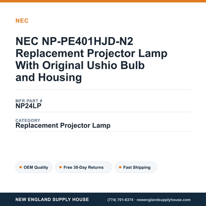 NEC NP-PE401HJD-N2 Replacement Projector Lamp With Original Ushio Bulb and Housing — New England Supply House spec card [NESH-SPEC-CARD-V2]