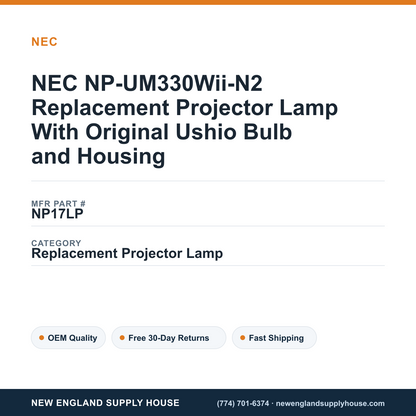 NEC NP-UM330Wii-N2 Replacement Projector Lamp With Original Ushio Bulb and Housing — New England Supply House spec card [NESH-SPEC-CARD-V2]