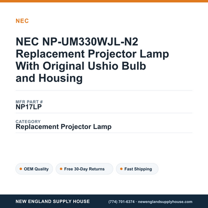 NEC NP-UM330WJL-N2 Replacement Projector Lamp With Original Ushio Bulb and Housing — New England Supply House spec card [NESH-SPEC-CARD-V2]