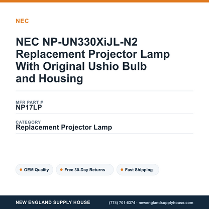 NEC NP-UN330XiJL-N2 Replacement Projector Lamp With Original Ushio Bulb and Housing — New England Supply House spec card [NESH-SPEC-CARD-V2]