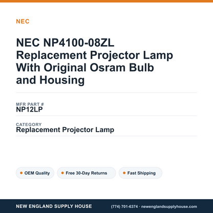 NEC NP4100-08ZL Replacement Projector Lamp With Original Osram Bulb and Housing — New England Supply House spec card [NESH-SPEC-CARD-V2]