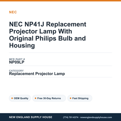NEC NP41J Replacement Projector Lamp With Original Philips Bulb and Housing — New England Supply House spec card [NESH-SPEC-CARD-V2]