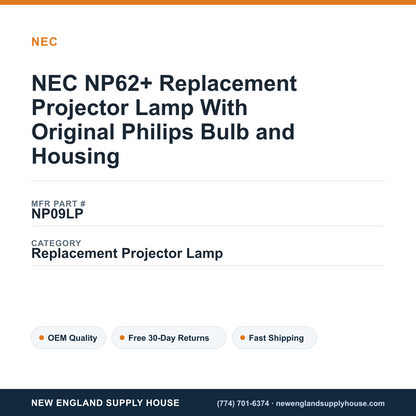 NEC NP62+ Replacement Projector Lamp With Original Philips Bulb and Housing — New England Supply House spec card [NESH-SPEC-CARD-V2]