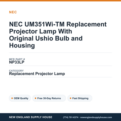 NEC UM351Wi-TM Replacement Projector Lamp With Original Ushio Bulb and Housing — New England Supply House spec card [NESH-SPEC-CARD-V2]