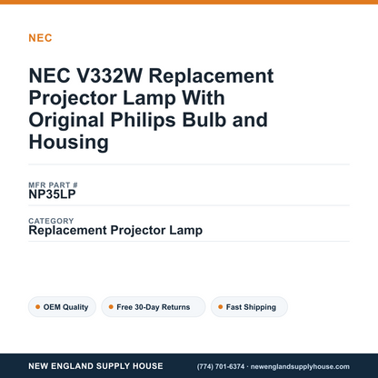 NEC V332W Replacement Projector Lamp With Original Philips Bulb and Housing — New England Supply House spec card [NESH-SPEC-CARD-V2]