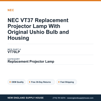 NEC VT37 Replacement Projector Lamp With Original Ushio Bulb and Housing — New England Supply House spec card [NESH-SPEC-CARD-V2]