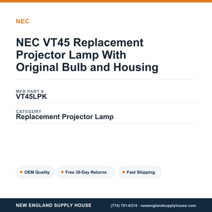 NEC VT45 Replacement Projector Lamp With Original Bulb and Housing — New England Supply House spec card [NESH-SPEC-CARD-V2]