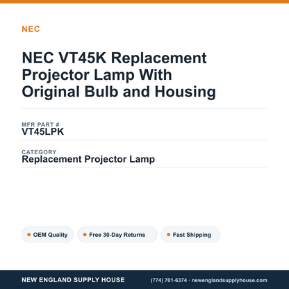 NEC VT45K Replacement Projector Lamp With Original Bulb and Housing — New England Supply House spec card [NESH-SPEC-CARD-V2]