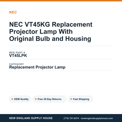 NEC VT45KG Replacement Projector Lamp With Original Bulb and Housing — New England Supply House spec card [NESH-SPEC-CARD-V2]