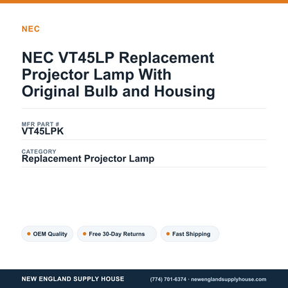 NEC VT45LP Replacement Projector Lamp With Original Bulb and Housing — New England Supply House spec card [NESH-SPEC-CARD-V2]