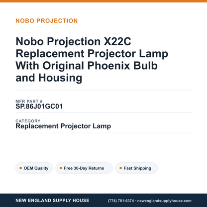 Nobo Projection X22C Replacement Projector Lamp With Original Phoenix Bulb and Housing — New England Supply House spec card [NESH-SPEC-CARD-V2]