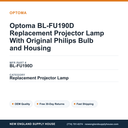 Optoma BL-FU190D Replacement Projector Lamp With Original Philips Bulb and Housing — New England Supply House spec card [NESH-SPEC-CARD-V2]
