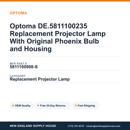 Optoma DE.5811100235 Replacement Projector Lamp With Original Phoenix Bulb and Housing — New England Supply House spec card [NESH-SPEC-CARD-V2]