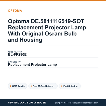 Optoma DE.5811116519-SOT Replacement Projector Lamp With Original Osram Bulb and Housing — New England Supply House spec card [NESH-SPEC-CARD-V2]